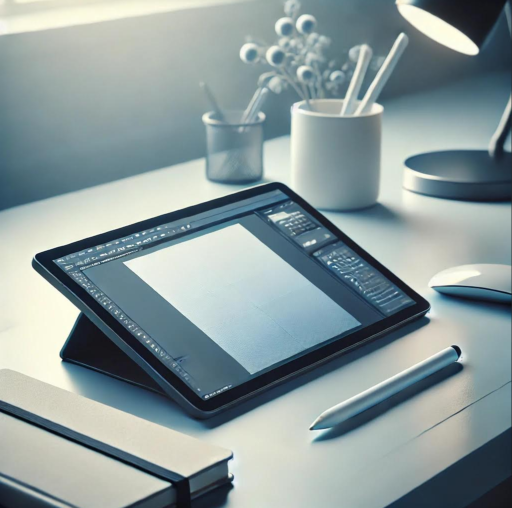 A modern workspace featuring a tablet with a digital design program open on its screen, placed on a clean white desk. Nearby are a stylus, a closed notebook, a wireless mouse, and a desk lamp casting soft light. In the background, a small vase with decorative stems adds a touch of nature to the minimalist setup.