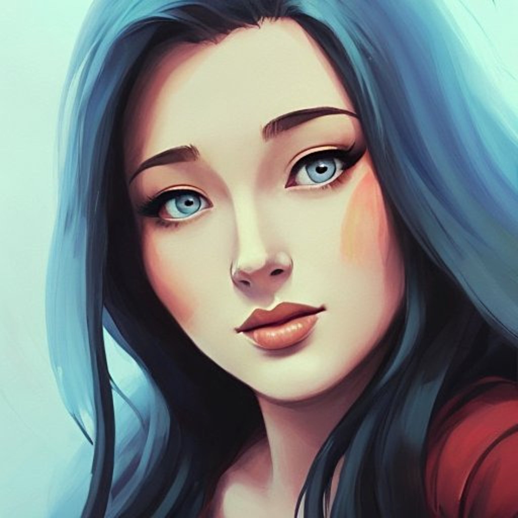 An artistic digital portrait of a woman with long, flowing blue-tinted hair and striking blue eyes. Her expression is calm and serene, with soft blush on her cheeks and natural makeup. The background is a light, muted tone, complementing the overall gentle and ethereal feel of the artwork.